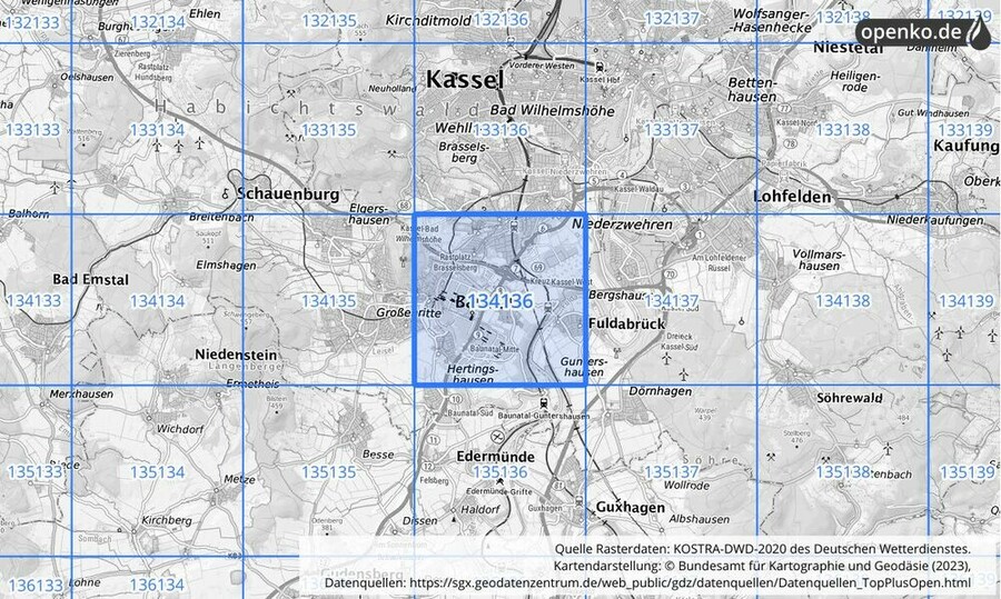 Übersichtskarte des KOSTRA-DWD-2020-Rasterfeldes Nr. 134136