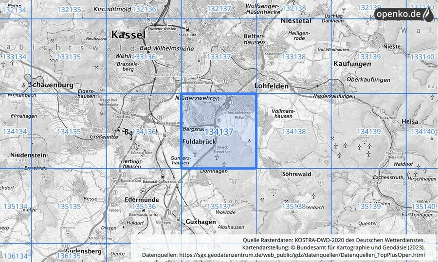 Übersichtskarte des KOSTRA-DWD-2020-Rasterfeldes Nr. 134137