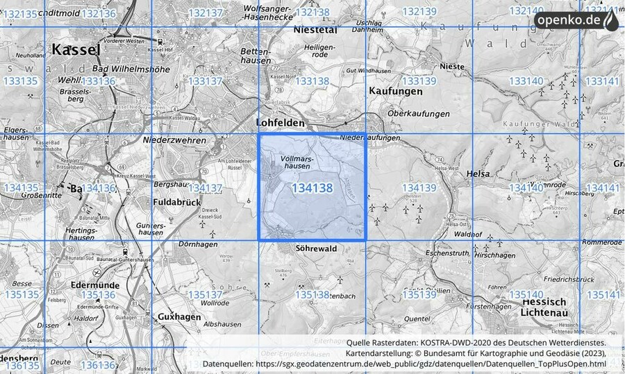 Übersichtskarte des KOSTRA-DWD-2020-Rasterfeldes Nr. 134138