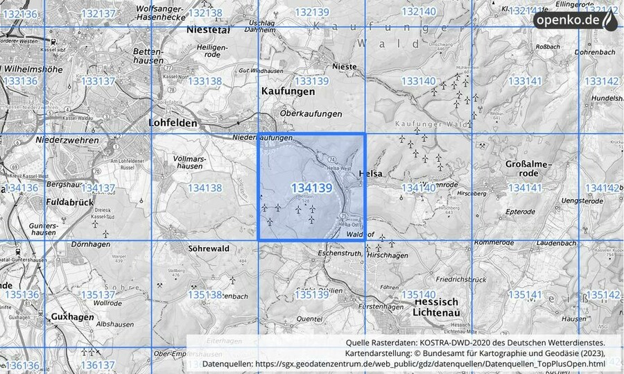 Übersichtskarte des KOSTRA-DWD-2020-Rasterfeldes Nr. 134139