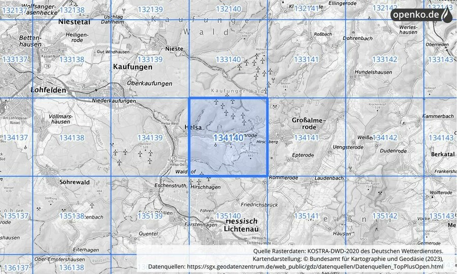 Übersichtskarte des KOSTRA-DWD-2020-Rasterfeldes Nr. 134140