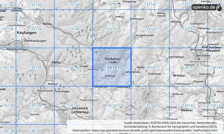 Übersichtskarte des KOSTRA-DWD-2020-Rasterfeldes Nr. 134141