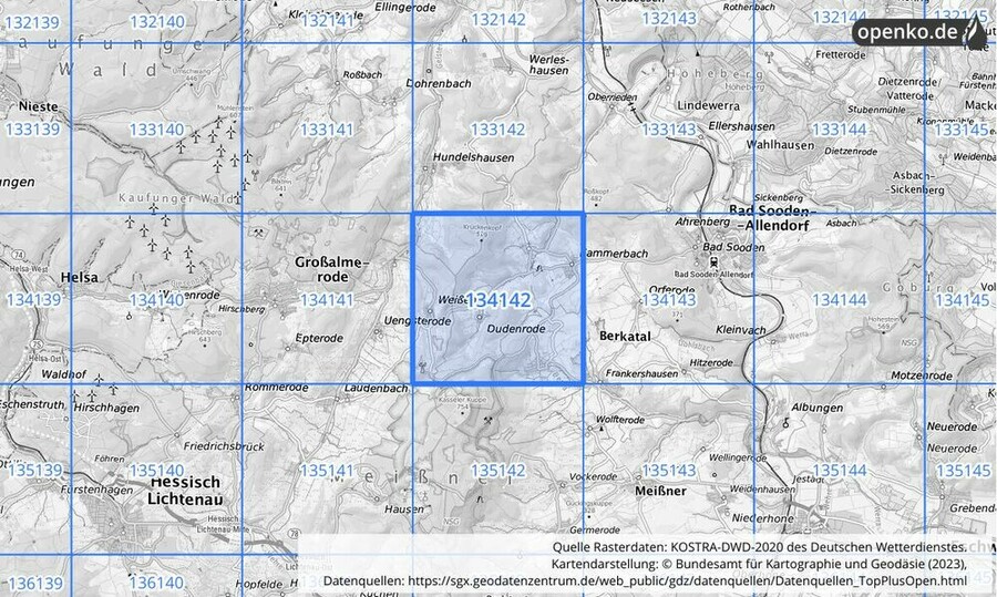 Übersichtskarte des KOSTRA-DWD-2020-Rasterfeldes Nr. 134142