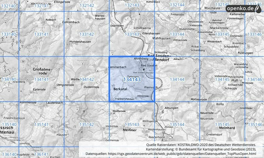 Übersichtskarte des KOSTRA-DWD-2020-Rasterfeldes Nr. 134143