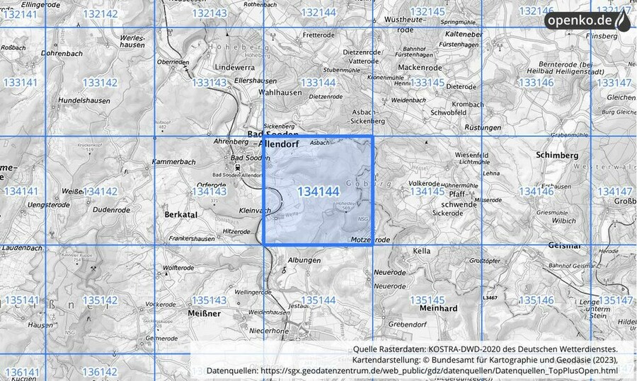 Übersichtskarte des KOSTRA-DWD-2020-Rasterfeldes Nr. 134144