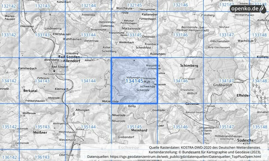 Übersichtskarte des KOSTRA-DWD-2020-Rasterfeldes Nr. 134145