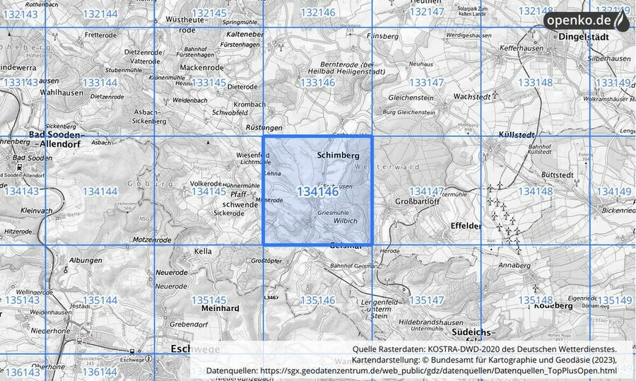 Übersichtskarte des KOSTRA-DWD-2020-Rasterfeldes Nr. 134146