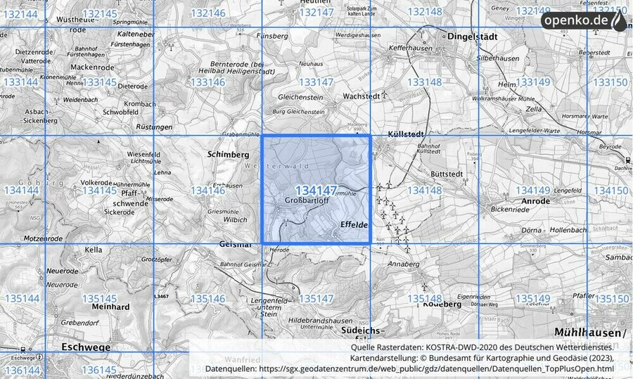 Übersichtskarte des KOSTRA-DWD-2020-Rasterfeldes Nr. 134147