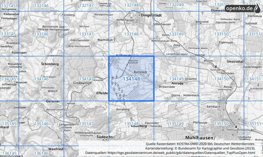 Übersichtskarte des KOSTRA-DWD-2020-Rasterfeldes Nr. 134148