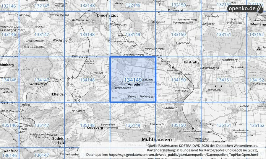 Übersichtskarte des KOSTRA-DWD-2020-Rasterfeldes Nr. 134149