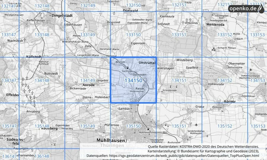 Übersichtskarte des KOSTRA-DWD-2020-Rasterfeldes Nr. 134150