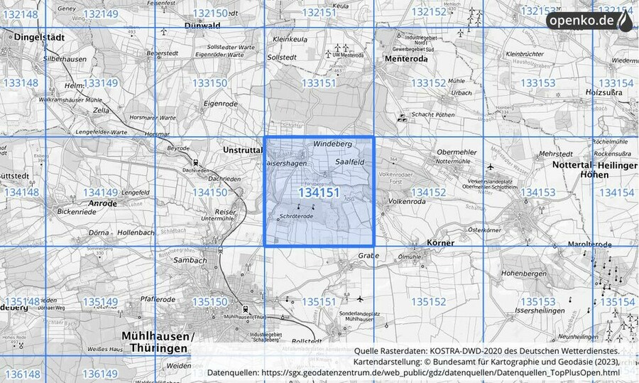 Übersichtskarte des KOSTRA-DWD-2020-Rasterfeldes Nr. 134151