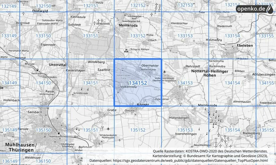 Übersichtskarte des KOSTRA-DWD-2020-Rasterfeldes Nr. 134152