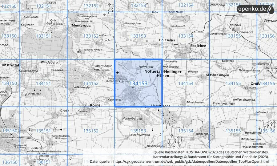 Übersichtskarte des KOSTRA-DWD-2020-Rasterfeldes Nr. 134153