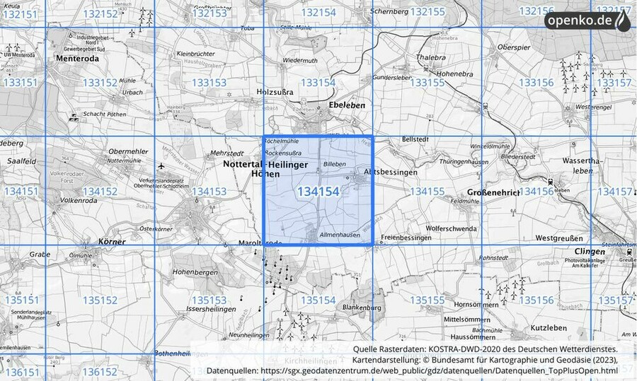 Übersichtskarte des KOSTRA-DWD-2020-Rasterfeldes Nr. 134154