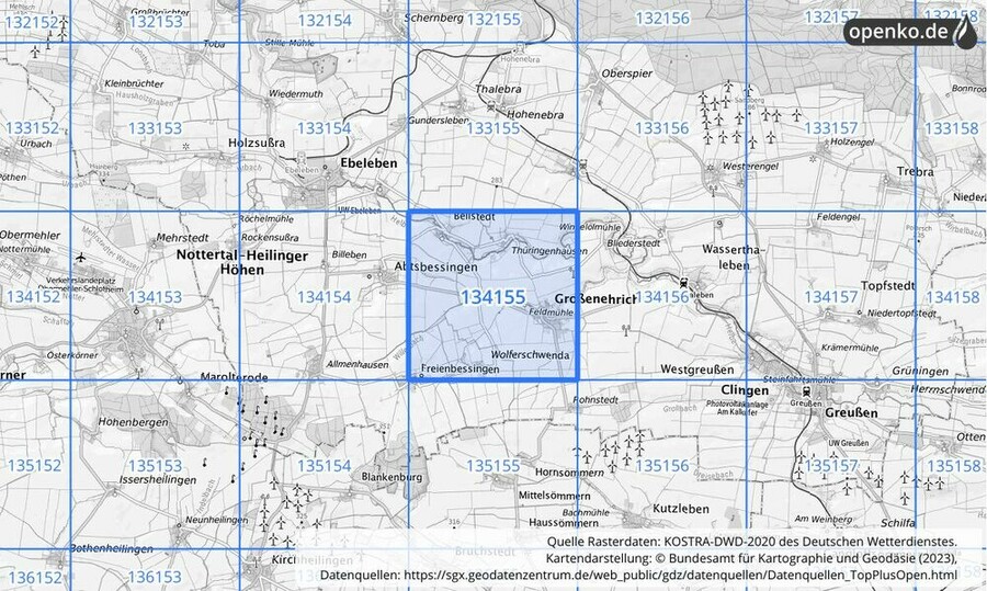 Übersichtskarte des KOSTRA-DWD-2020-Rasterfeldes Nr. 134155