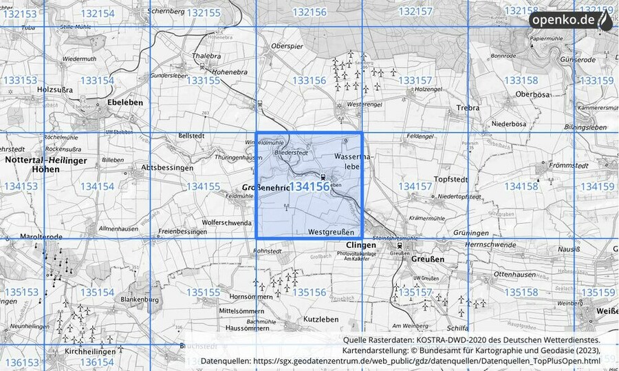 Übersichtskarte des KOSTRA-DWD-2020-Rasterfeldes Nr. 134156
