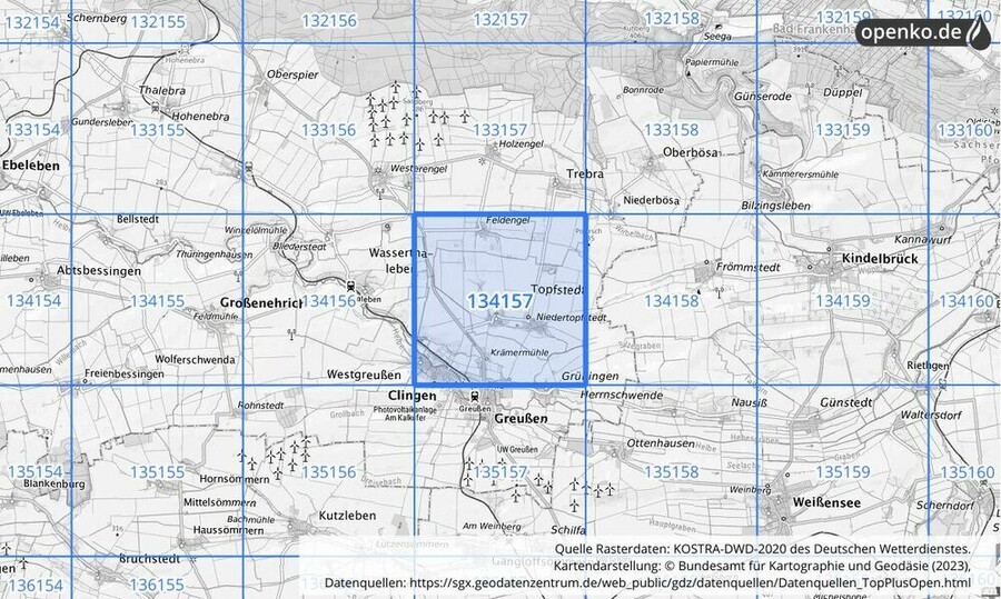Übersichtskarte des KOSTRA-DWD-2020-Rasterfeldes Nr. 134157