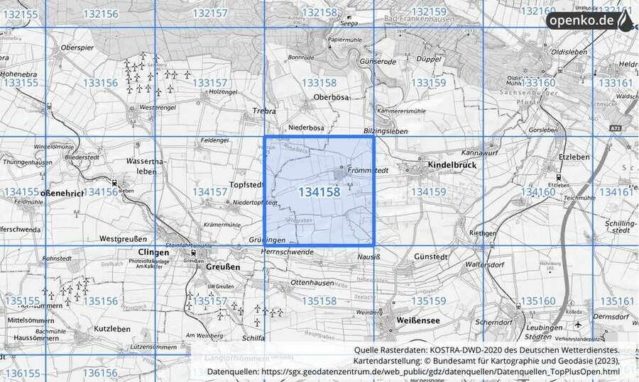 Übersichtskarte des KOSTRA-DWD-2020-Rasterfeldes Nr. 134158