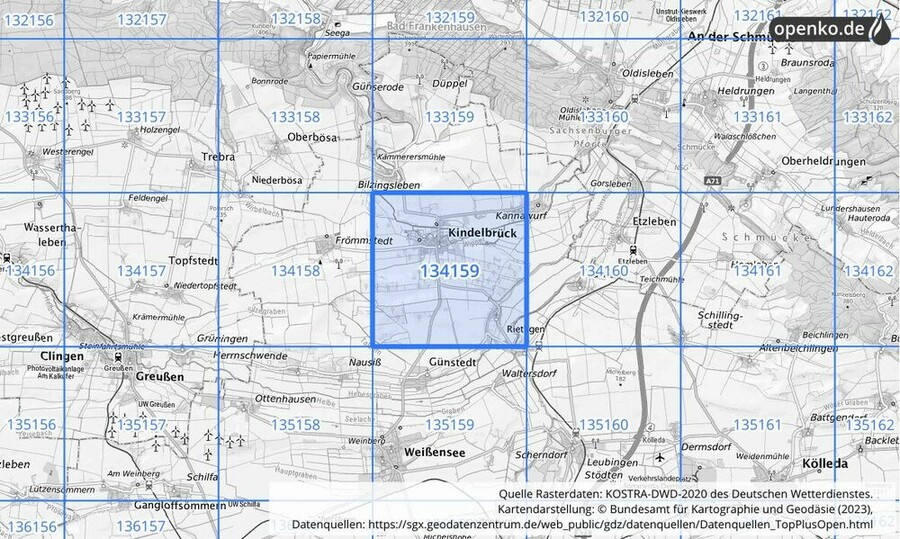 Übersichtskarte des KOSTRA-DWD-2020-Rasterfeldes Nr. 134159