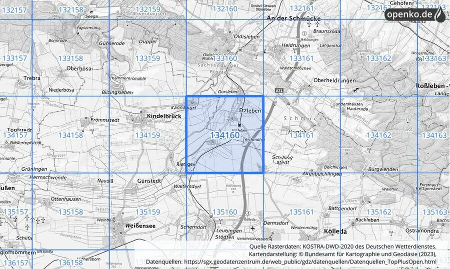 Übersichtskarte des KOSTRA-DWD-2020-Rasterfeldes Nr. 134160