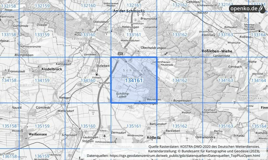 Übersichtskarte des KOSTRA-DWD-2020-Rasterfeldes Nr. 134161