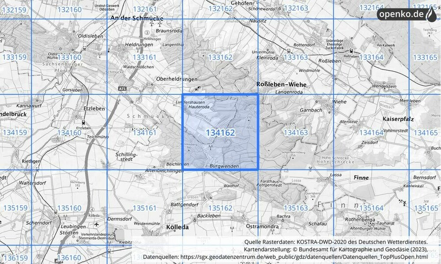 Übersichtskarte des KOSTRA-DWD-2020-Rasterfeldes Nr. 134162