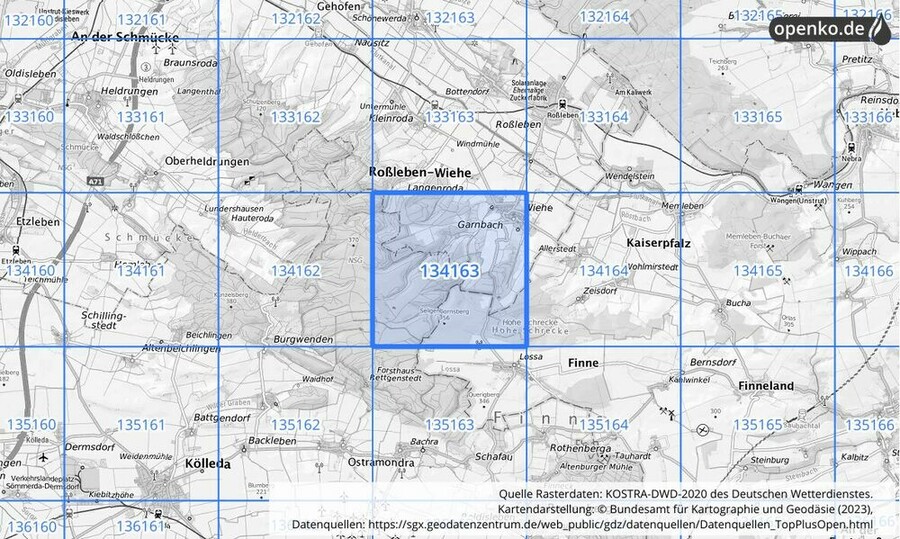 Übersichtskarte des KOSTRA-DWD-2020-Rasterfeldes Nr. 134163