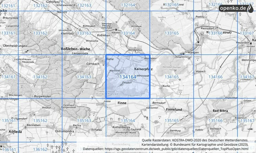 Übersichtskarte des KOSTRA-DWD-2020-Rasterfeldes Nr. 134164