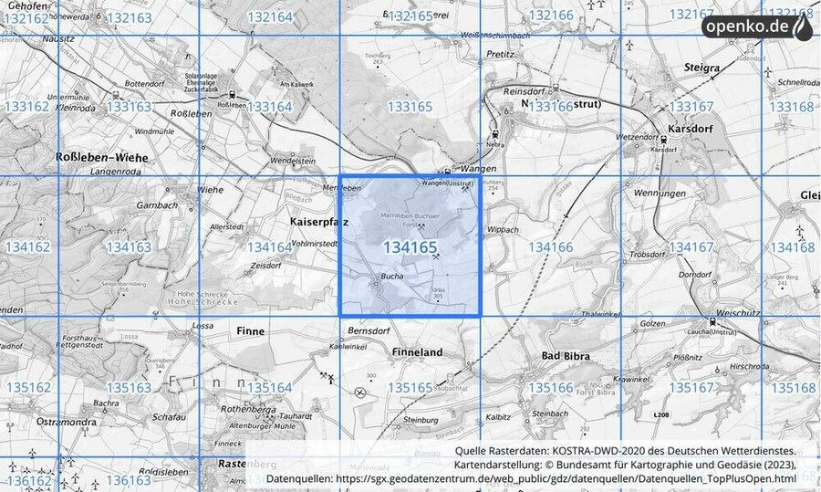 Übersichtskarte des KOSTRA-DWD-2020-Rasterfeldes Nr. 134165