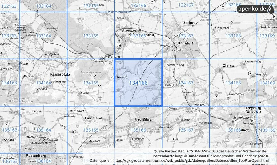 Übersichtskarte des KOSTRA-DWD-2020-Rasterfeldes Nr. 134166