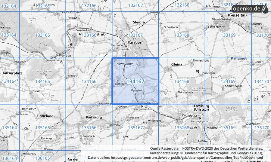 Übersichtskarte des KOSTRA-DWD-2020-Rasterfeldes Nr. 134167