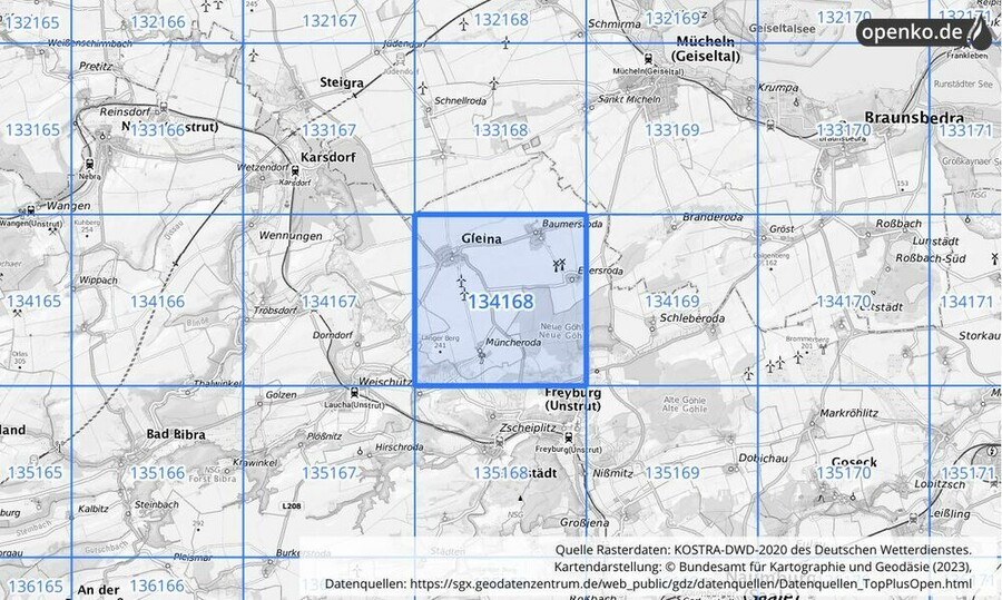 Übersichtskarte des KOSTRA-DWD-2020-Rasterfeldes Nr. 134168