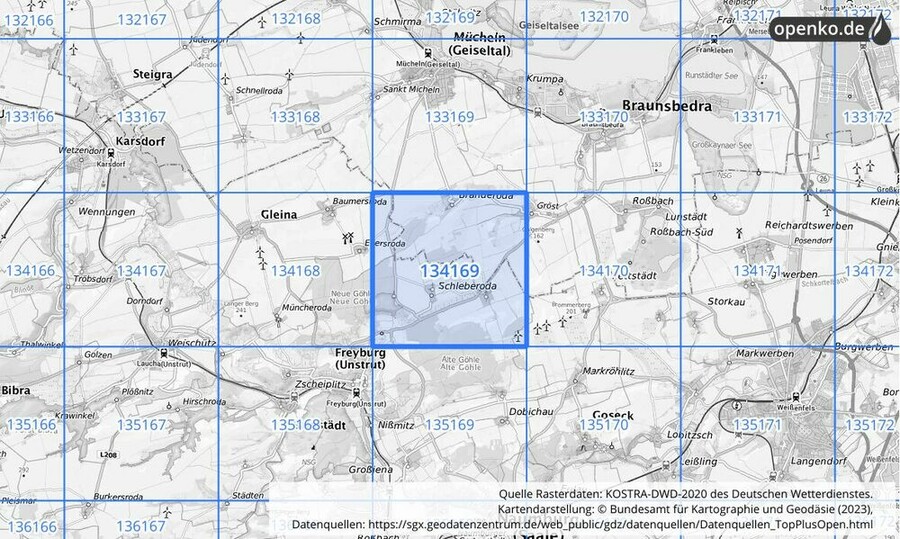 Übersichtskarte des KOSTRA-DWD-2020-Rasterfeldes Nr. 134169