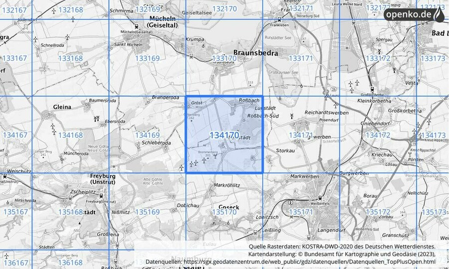 Übersichtskarte des KOSTRA-DWD-2020-Rasterfeldes Nr. 134170