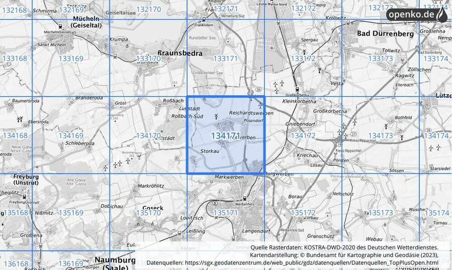 Übersichtskarte des KOSTRA-DWD-2020-Rasterfeldes Nr. 134171