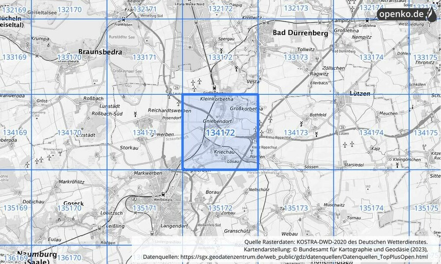 Übersichtskarte des KOSTRA-DWD-2020-Rasterfeldes Nr. 134172