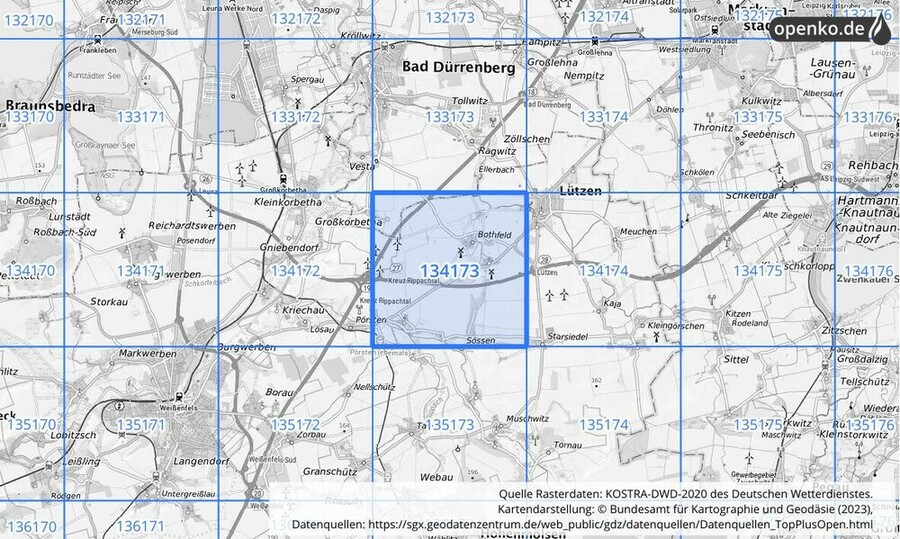 Übersichtskarte des KOSTRA-DWD-2020-Rasterfeldes Nr. 134173