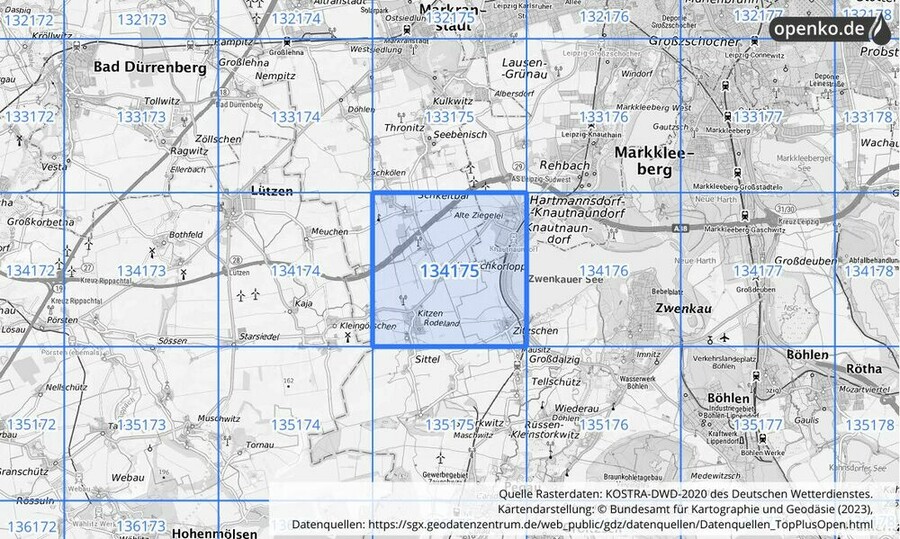 Übersichtskarte des KOSTRA-DWD-2020-Rasterfeldes Nr. 134175