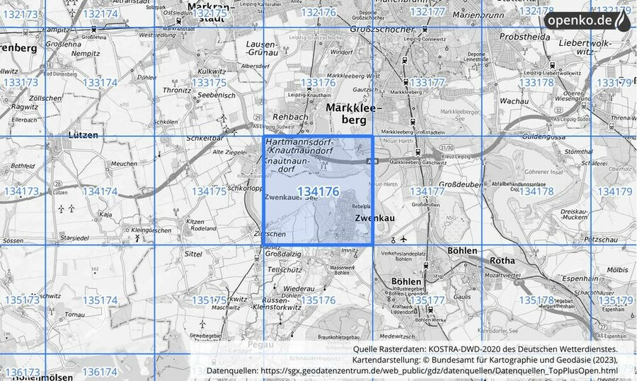 Übersichtskarte des KOSTRA-DWD-2020-Rasterfeldes Nr. 134176