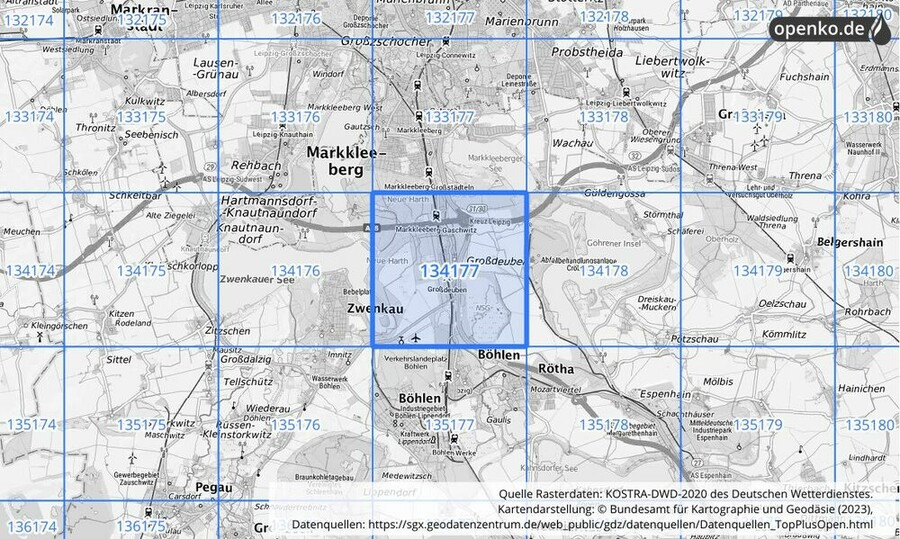 Übersichtskarte des KOSTRA-DWD-2020-Rasterfeldes Nr. 134177