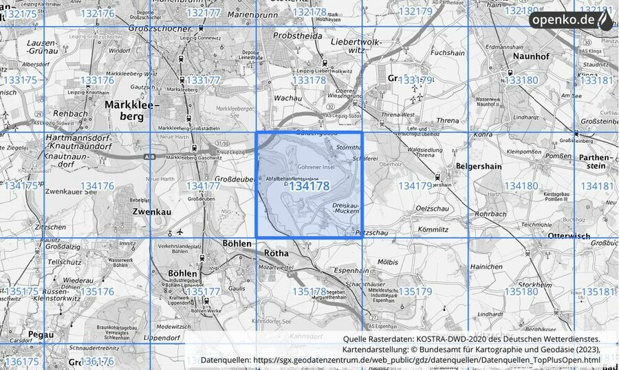 Übersichtskarte des KOSTRA-DWD-2020-Rasterfeldes Nr. 134178