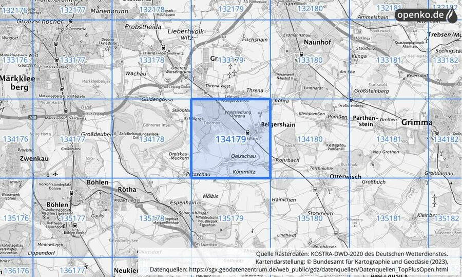 Übersichtskarte des KOSTRA-DWD-2020-Rasterfeldes Nr. 134179