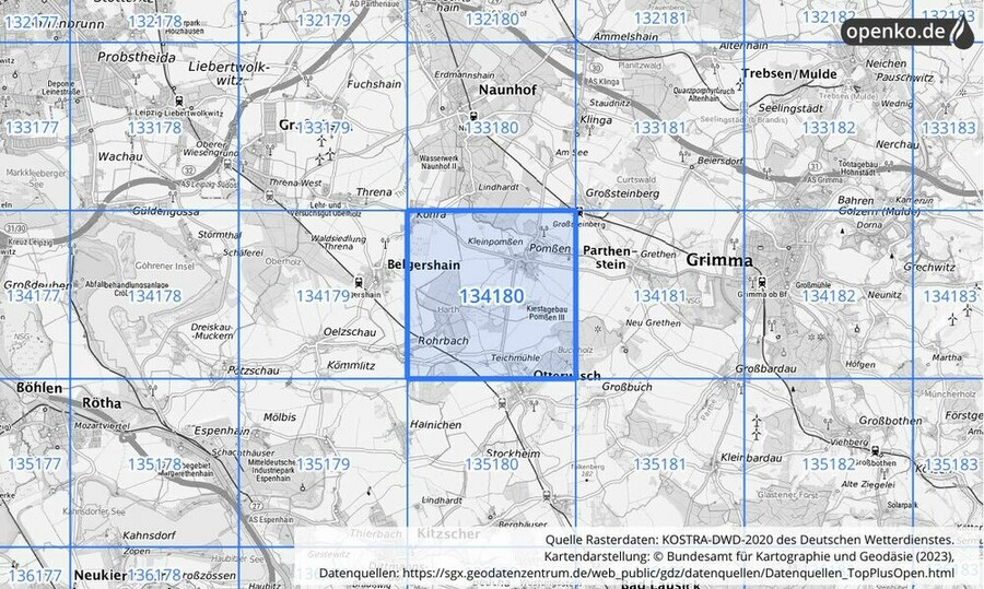 Übersichtskarte des KOSTRA-DWD-2020-Rasterfeldes Nr. 134180