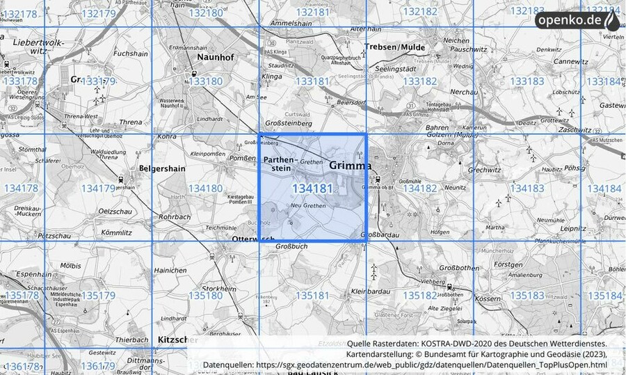 Übersichtskarte des KOSTRA-DWD-2020-Rasterfeldes Nr. 134181