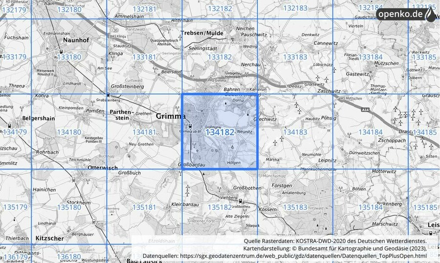 Übersichtskarte des KOSTRA-DWD-2020-Rasterfeldes Nr. 134182