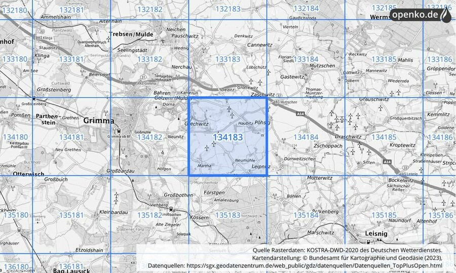 Übersichtskarte des KOSTRA-DWD-2020-Rasterfeldes Nr. 134183