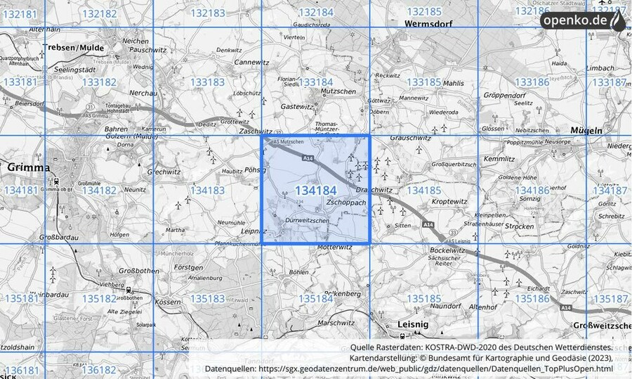 Übersichtskarte des KOSTRA-DWD-2020-Rasterfeldes Nr. 134184