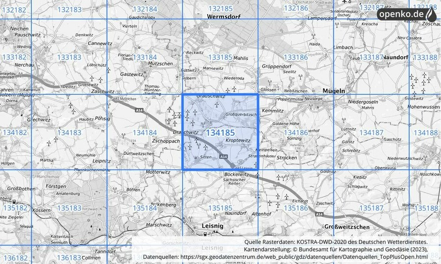 Übersichtskarte des KOSTRA-DWD-2020-Rasterfeldes Nr. 134185