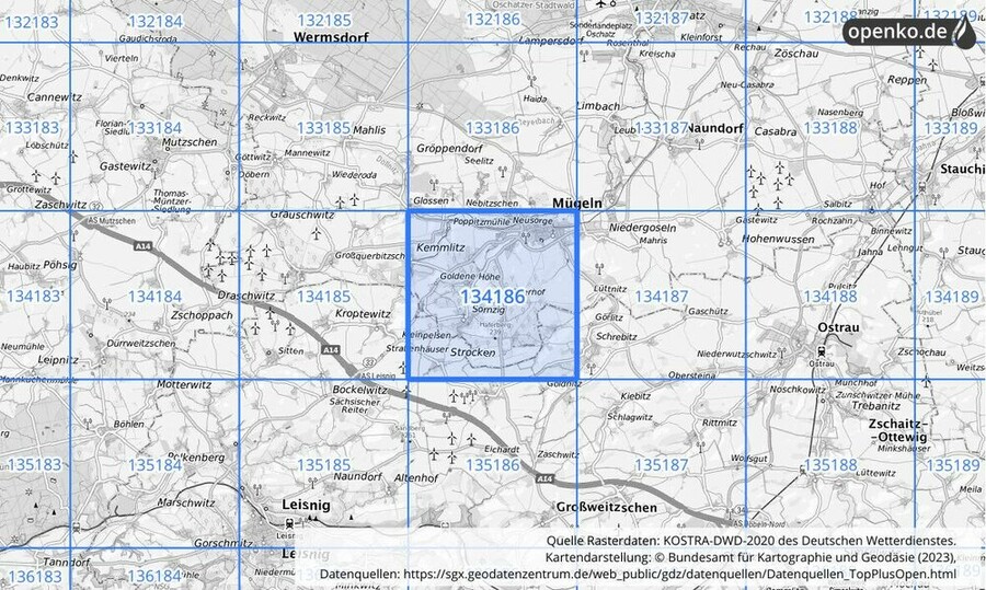 Übersichtskarte des KOSTRA-DWD-2020-Rasterfeldes Nr. 134186